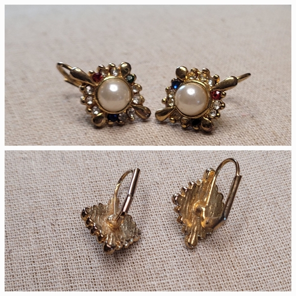 Vintage Faux Pearl & Rhinestone Earrings - Picture 8 of 16